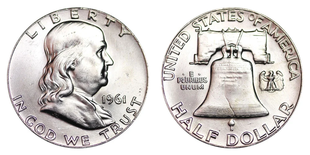1961 Franklin Half Dollar obverse and reverse — Benjamin Franklin portrait and Liberty Bell