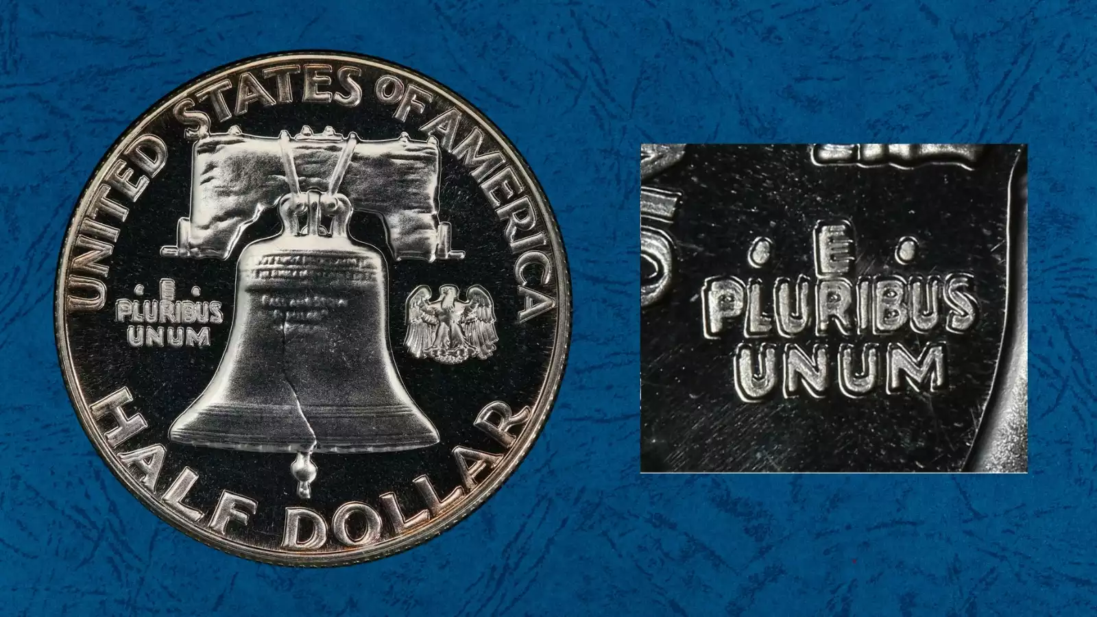 1961 Proof Franklin Half Dollar Doubled Die Reverse FS-801 showing doubling on E PLURIBUS UNUM inscription