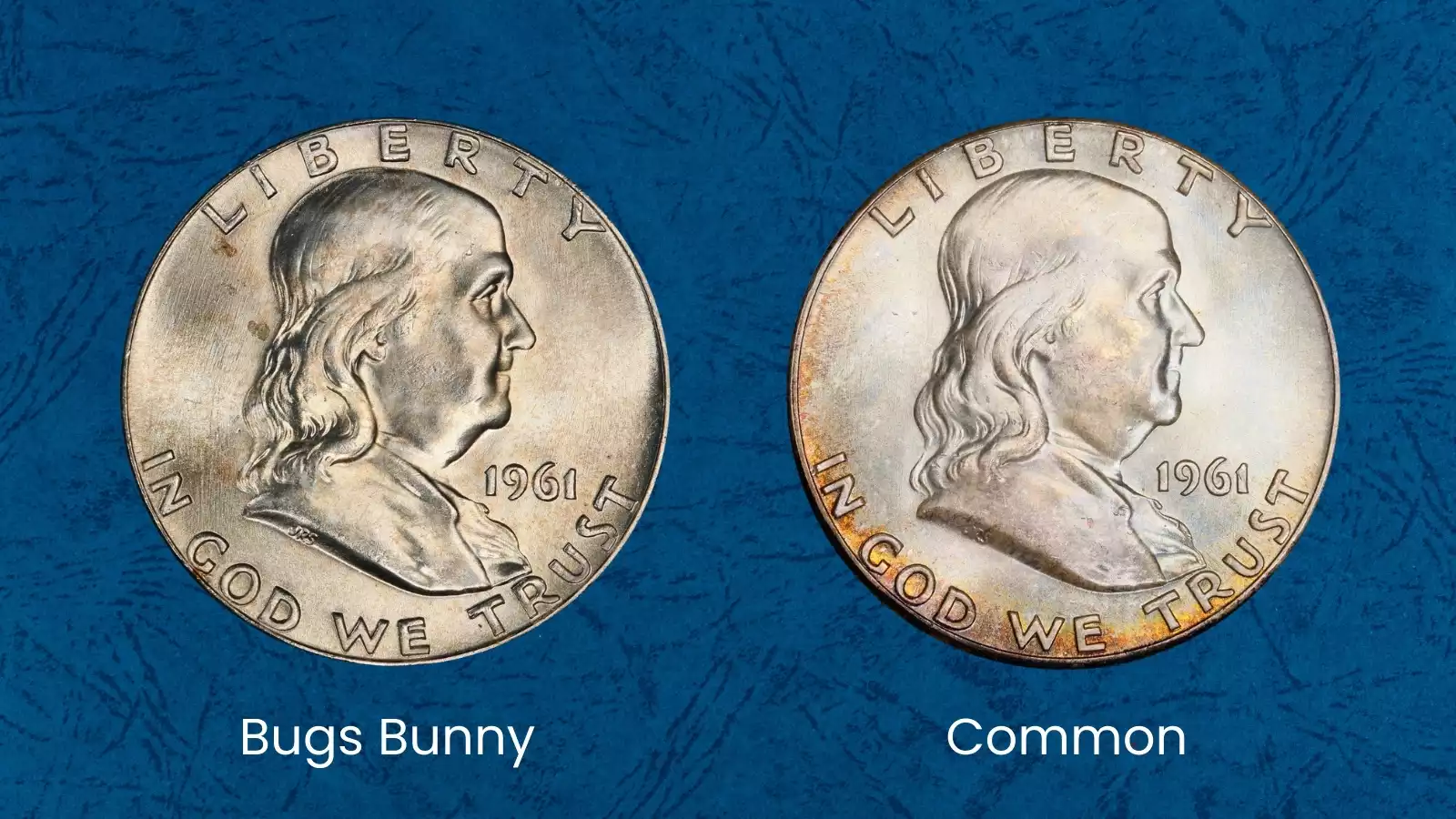 1961 Franklin Half Dollar 'Bugs Bunny' die clash FS-401 showing clash marks on Franklin's lips resembling protruding teeth
