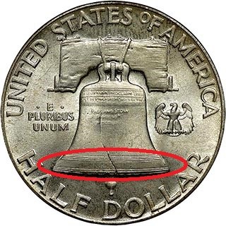 Close-up macro of Liberty Bell bottom lines on 1961 Franklin Half Dollar showing Full Bell Lines (FBL) designation criteria