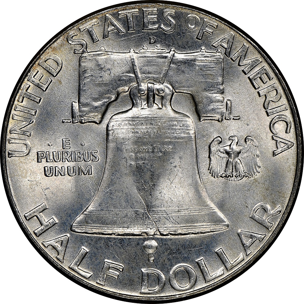1961-D Franklin Half Dollar showing Repunched Mintmark FS-501 with doubled D mint mark visible on reverse