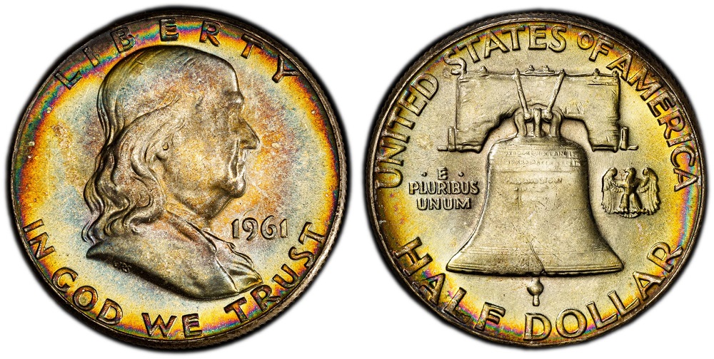 1961 Franklin Half Dollar mintage — collection of Philadelphia and Denver issues showing variety of surfaces