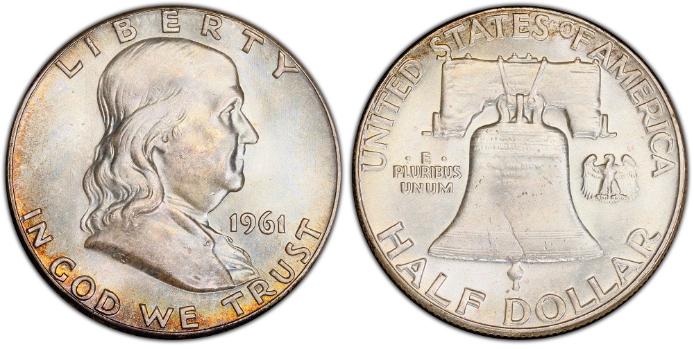 1961 Franklin Half Dollar grading strip showing four condition tiers from heavily worn to gem mint state